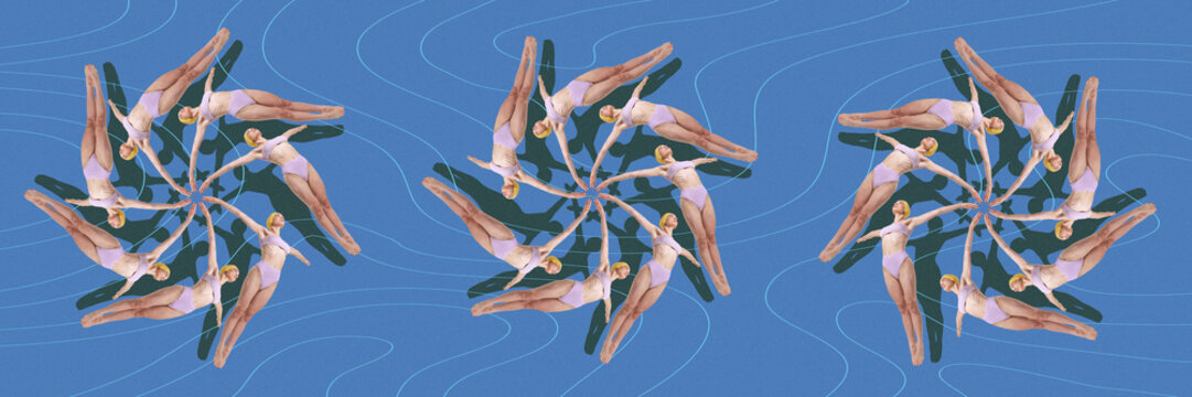 Fototapeta Conceptual art collage. Spinning illusion of lilac-clad swimmers in triple layout over calm blue surface with fluid lines. Concept of summer, vacation, holidays, sport, fashion and style.