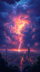 Obraz premium Epic Lightning Storm Cityscape Stunning Wallpaper & Mobile Wallpaper