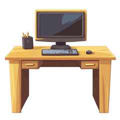 Wooden desk computer keyboard mouse pencils workspace