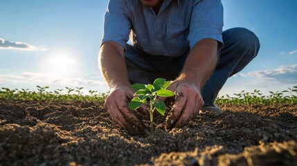 Crouching in a soybean field, a farmer closely examines a single green seedling while enjoying the warm afternoon sunlight illuminating the landscape