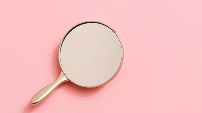 A delicate handheld round mirror reflecting soft light, placed on a pastel blush pink background. Ideal for beauty, fashion, self-care, or editorial design.