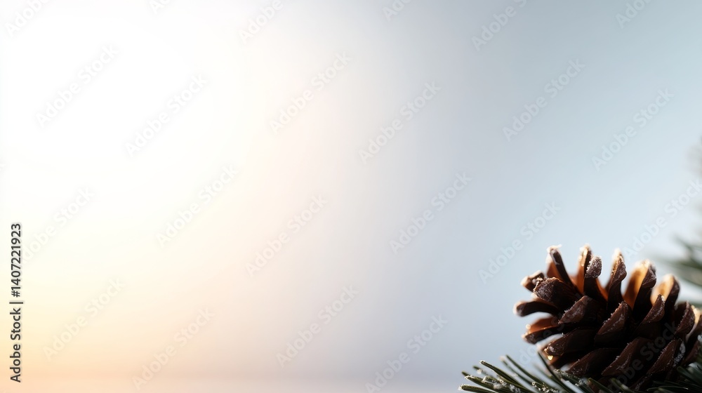 Poster A pine cone sits on a vibrant fir branch surrounded by tiny snowflakes, creating a serene winter atmosphere against a gradient light backdrop