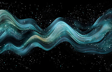 Abstract flowing turquoise lines with glitter and stars against black background