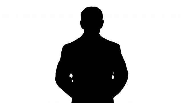 Silhouette of businessman explaining concept and talking about his business on white background. Black and white for composite and presentation. Alpha matte isolated.