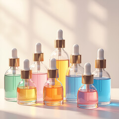 Colorful serum bottles with gold accents create a vibrant, modern beauty product display with natural light.