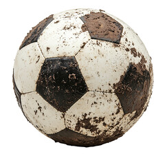 Dirty soccer ball close up on a plain background for sports  isolated on transparent  background