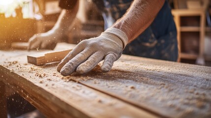 Carpenter sanding wood table in workshop. Featuring focus and craftsmanship