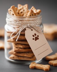 A jar filled with dog treats, tied with twine and a tag featuring a paw print, set against a neutral background.