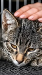 Gentle Touch: A tabby kitten rests peacefully as a gentle hand strokes its head, conveying a sense of calm and affection.