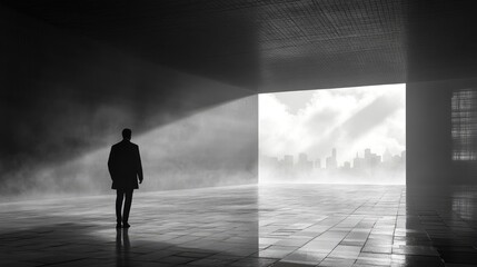 Person walks towards a bright doorway, a city skyline in the distance, monochrome scene
