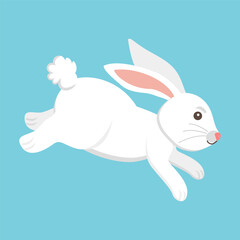 A cute white rabbit in a jumping pose against a light blue background. Fluffy tail and long ears are clearly visible. Vector illustration
