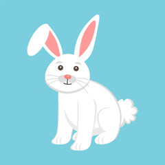A cute white rabbit vector illustration with pink inner ears, brown eyes, a small pink nose, and whiskers, set against a light blue background.