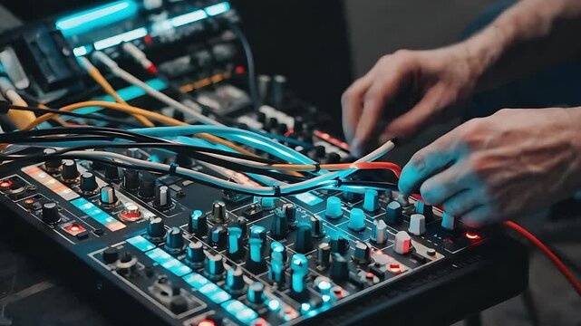 Hands adjusting knobs on modular synth