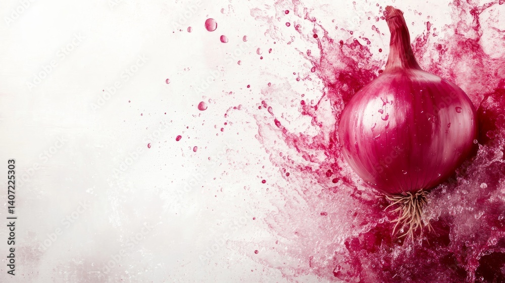 Poster A single vibrant red onion bursts apart with layers and water droplets, creating a striking visual effect against a bright white background, ideal for culinary themes
