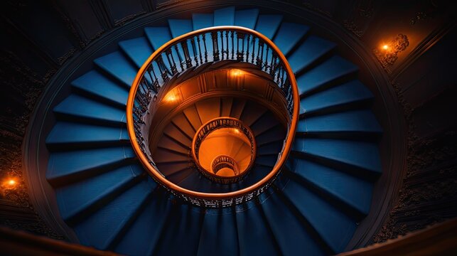 A captivating spiral staircase in rich blue and warm tones.