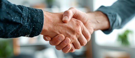 Handshake Deal: Close-up view of a firm handshake between two individuals. Illustrating a successful deal, partnership, or agreement. 