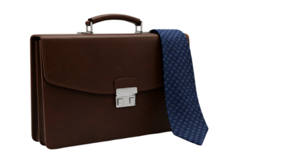 A brown leather briefcase with a silver clasp and a blue patterned tie draped over the side on black
