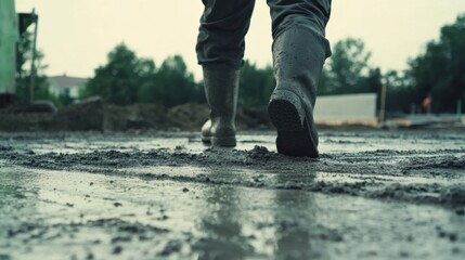 Concrete worker smoothing the surface of a freshly poured foundation. Featuring attention to detail and precision