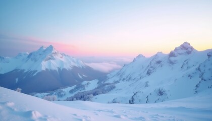 Obraz premium Serene Mountain Vista: A breathtaking vista unfolds as snow-capped mountains touch the sky, the canvas painted with pastel hues of dawn.
