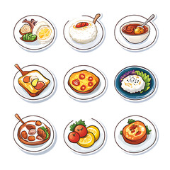 Nine different food items, including rice, soup, toast, pizza, salad, and others, displayed on plates, likely a visual representation of a menu or food selection.