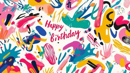Biglietto di auguri di compleanno con vivaci schizzi di vernice e il testo di "Happy birthday" al centro dell'immagine