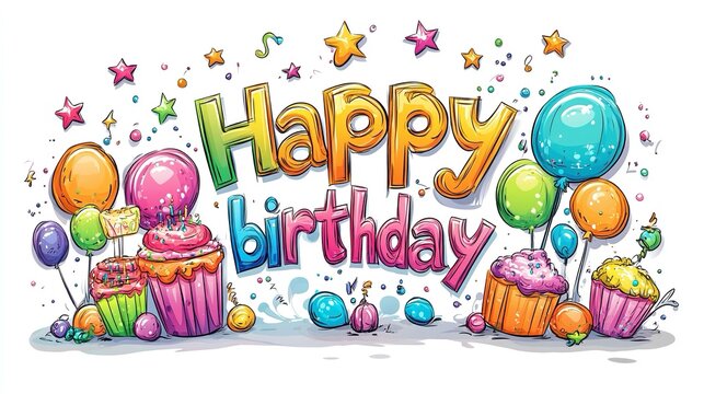 Testo "Happy Birthday" con caratteri dal colore vivace, palloncini e stelline colorate su sfondo bianco. Banner per auguri di buon compleanno