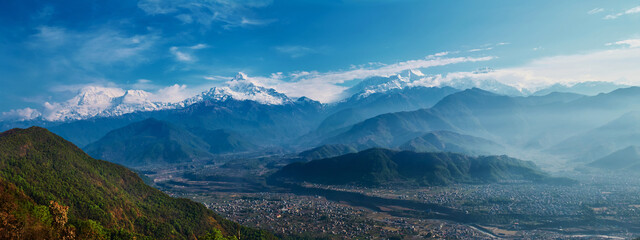 Panorama of Himalayas with Annapurna and Machapuchare (Fishtail) mountain peaks, Pokhara Nepal