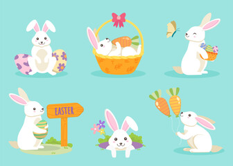 Cute Easter bunny vector art set with decorated eggs, carrots, and basket on a light blue background. Perfect for spring holiday designs.