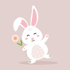 Cute white bunny vector illustration holding a flower, perfect for spring and Easter themes.
