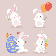 Cute Easter bunnies vector illustration set. Happy rabbits with flowers, balloons, egg. Spring holiday design elements.