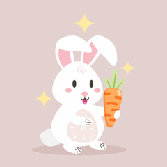 Cute vector illustration of a happy white bunny holding a big orange carrot. The bunny has pink cheeks and sparkling stars around it, perfect for spring and Easter themes.