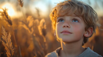 Child gazing field golden day