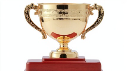 A stock clipart image of a gold trophy with elaborate handles symbolizing triumph is set against a white or transparent background and is die-cut