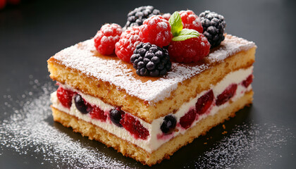 Piece of delicious chocolate sponge cake with berries on black table, close-up