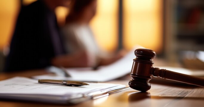 Une couple flou dans le bureau d'un avocat en arri&egrave;re-plan et le marteau en bois de la justice avec un stylo pos&eacute; sur des dossiers judiciaires en premier plan.