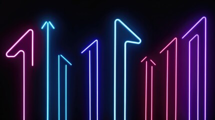 Fototapeta premium futuristic neon arrows pointing upward with glowing blue and purple light trails on a black background, symbolizing progress
