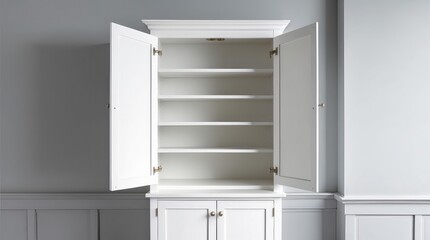 Fototapeta premium Mockup of an open white cabinet showcasing empty shelves. Shelves designed for product display, clean white cabinet, light grey wall paint, white wood. Vertical image.