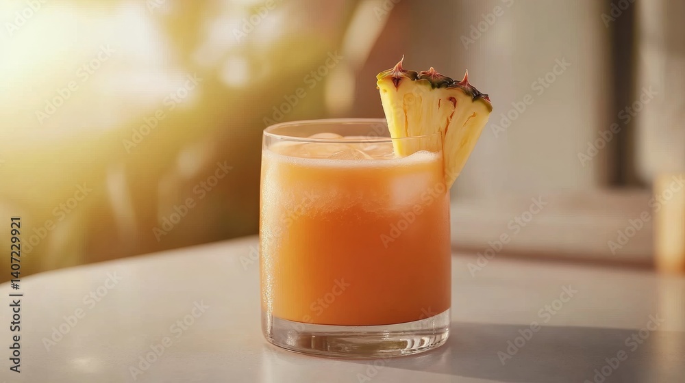 Poster clear glass filled with fresh pineapple juice features a slice on the rim, positioned on a white tab