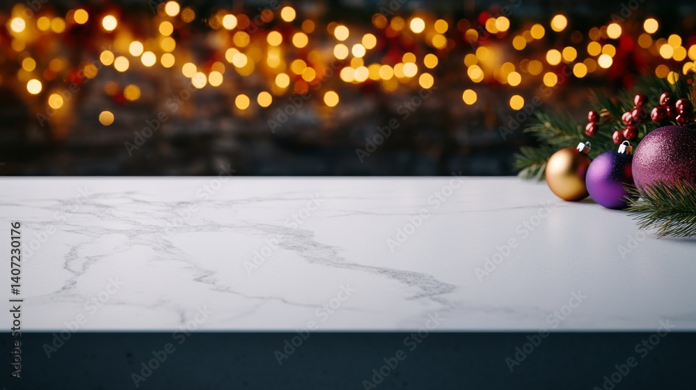 Poster An empty marble countertop showcases subtle holiday ornaments, with blurred string lights creating a warm, festive atmosphere in the background