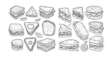hand-drawn sandwiches and snacks, including various types of bread, fillings, and styles, showcasing a delightful range of quick bites