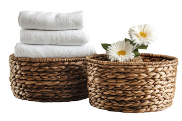 Obraz premium Soft white towels in woven baskets adorned with delicate white flowers against a stark black on transparent background