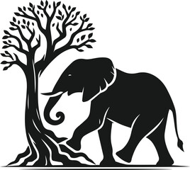 Obraz premium Elephant with tree vector animal silhouette