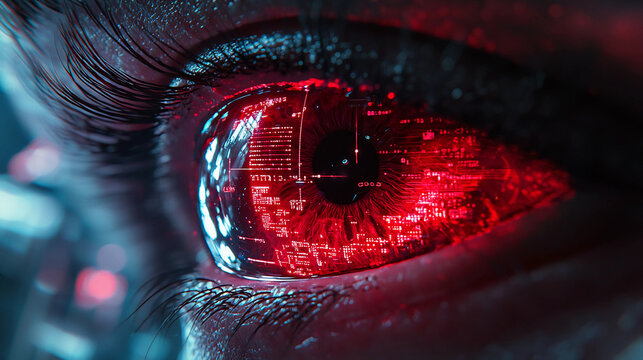 Cyber eye scanning data in red matrix surveillance, high-tech visuals, intense stare