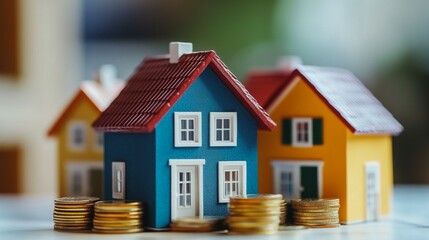 Tiny houses are stacked on coins to illustrate the financial process of buying a home using loans and money for property acquisition