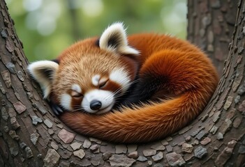Fototapeta premium Peaceful Red Panda Napping on Tree Trunk: Serene Wildlife Photography