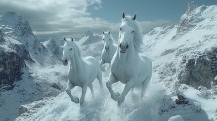 A wallpaper concept featuring seven running white horses in a wall painting, set against a mountain morning view background, yields a majestic and powerful scene characterized by splashing effects