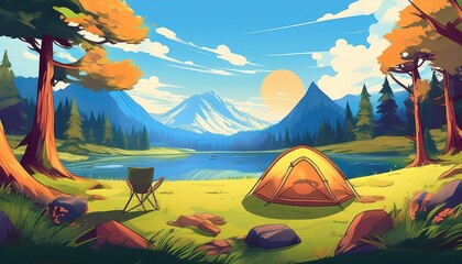 Animestyle Camping in Serene Nature Scene with Vibrant Flora and Fauna, Embracing Tranquility and Adventure in a Captivating Setting