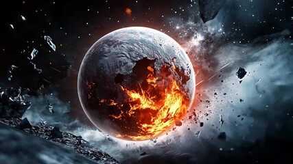 A fiery planet in turmoil, surrounded by cosmic debris and dark space, depicting destruction