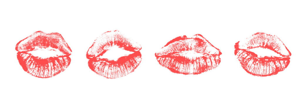 Red Lipstick Kiss Mark. Vector Lips Female Makeup Imprint Mouth