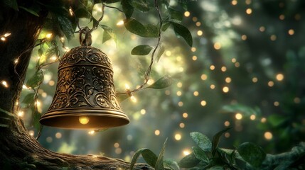 A golden Christmas bell ornament dangles from a lush pine branch, intricately detailed with glowing fairy lights surrounding it, creating a magical festive atmosphere